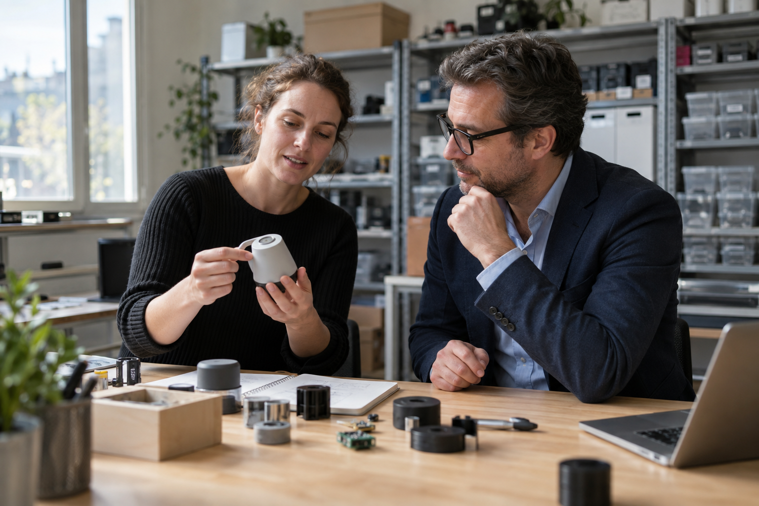 Unternehmerin erläutert einen Prototyp in einem Technologiebetrieb